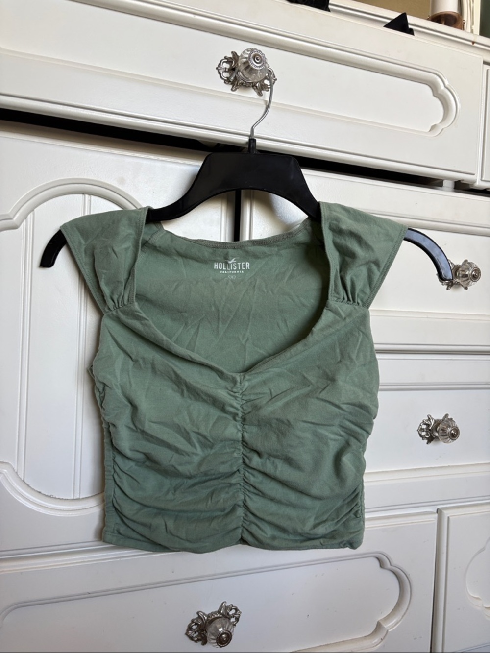 Hollister Olive Green Ruched Cap Sleeve Crop Top